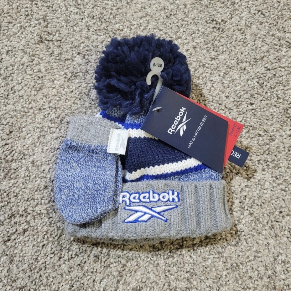 Reebok Infant Baby 6-12 Months Knit Cuffed Beanie & Mittens Set Logo NEW